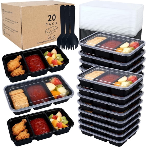 20 Sets Reusable Snack Containers Meal Prep Containers 3 Compartment Condiment Container With Lids Snackle Box Container Portion Control for Refrigeration Sauce,Outdoor Takeaway,Travel(Black)