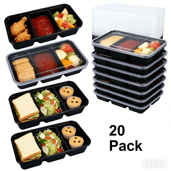 20 Sets Reusable Snack Containers Meal Prep Containers 3 Compartment Condiment Container With Lids Snackle Box Container Portion Control for Refrigeration Sauce,Outdoor Takeaway,Travel(Black)