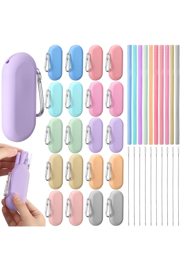 20 Sets Silicone Straws with Case Reusable Collapsible Foldable Travel Portable Straw Cold or Hot Drinking with Carry Case, Long Cleaning Brush and Keychain, 10 Colors(Cute)