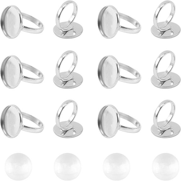 20 Sets Size 7 Adjustable Finger Ring Base with 18mm Cabochons Flat Round Cabochon Rings Finger Ring Bezel with Transparent Glass Cabochon DIY