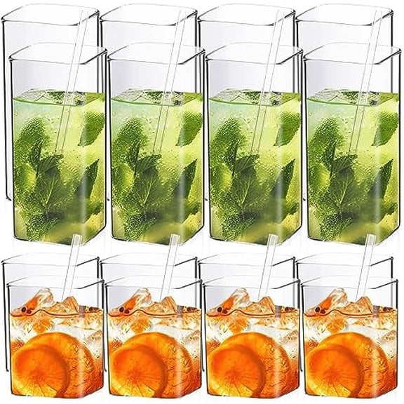 20 Sets Square Drinking Glass Cups 8 oz 13 oz Square Glasses Clear Highball Modern Glassware Tumbler Mixed Drinkware with Glass Straws and Cleaning Brushes for Cocktail Coffee Juice Beer