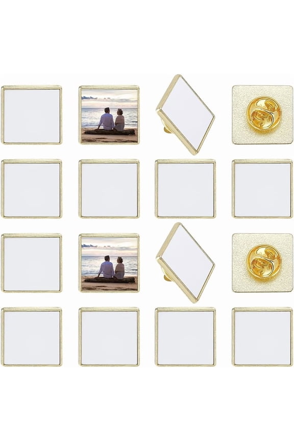 20 Sets Sublimation Square Blanks Sublimation Pins Bulk Small Gold Alloy Brooch Base Settings with Pin Back Transfer Kit DIY Button Badge
