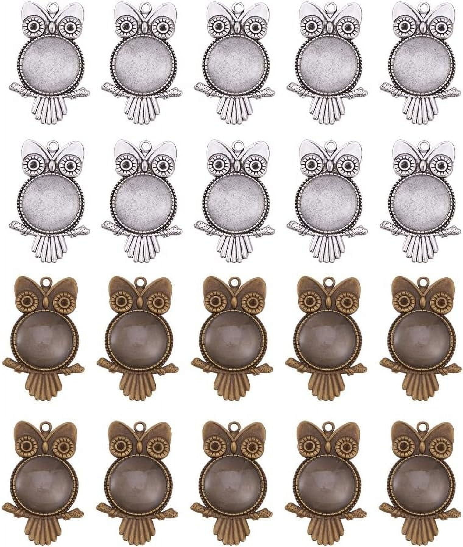 20 Sets Tibetan Styles Alloy Owl Pendant Trays Round Blank Bezel with