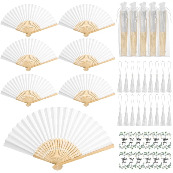 20 Sets White Foldable Hand Fan, Paper Bamboo Handheld Fans with Gratitude Cards Tassels Organza Bags, for Wedding Guests Favors, Tea Party Decorations, Bridal Showers