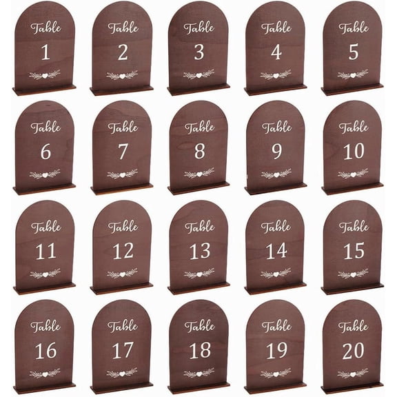 20 Sets Wooden Table Numbers Table Number Signs 1-20 Arch Wedding Number Set Single Sided Number Plate with Base Brown 7.2x5 inch
