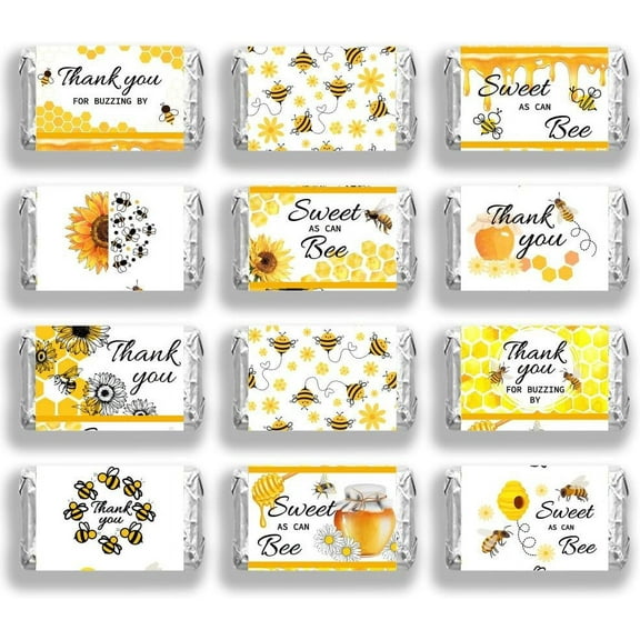 20 Sheet 120 Pcs Mini Candy Bar Wrappers 1.4x2.6inch(3.5x6.6cm) 6 Styles Yellow Bee Honey Chocolate Bar Label Stickers Mini Candy Bar Wrappers for Boys Girls Shower Decor(No Candy)