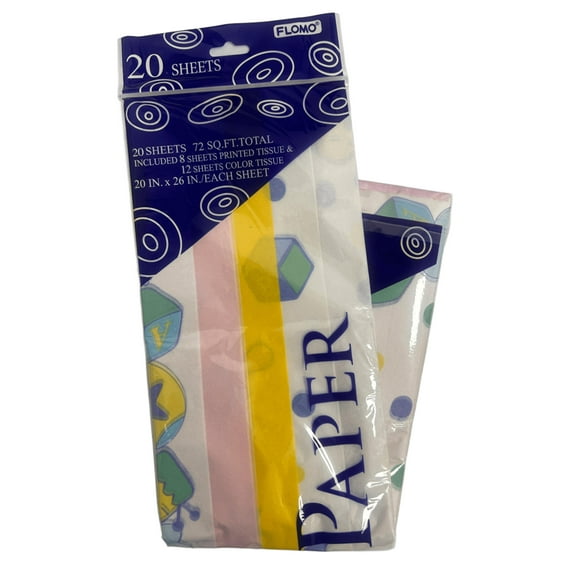 20 Sheet Baby Shower Wrapping Tissue Paper Pack, 20in x 26in Solid Pastel Colors, Patterned Designs with Polka Dots, Umbrellas, Strollers for Gift Wrapping, Easter Baskets, Celebrations, White