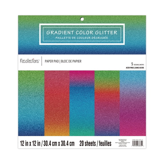 20 Sheets 12" x 12" Gradient Color Glitter Paper Pad by Recollections - Acid Free Paper for Scrapbooks - Invitations - Greeting Cards - and Arts & Crafts - 1 Pack