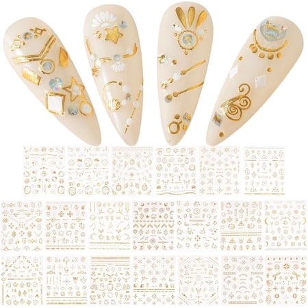 DIY 20 Sheets 3D Bronzing Nail Art Stickers Self-Adhesive Nail Art Decals Embossed Gold Abstract Geometric Moon Sun Star Lines Nail Sticker for DIY Nail Decoration Women Christmas 7.5x6.2cm DIY