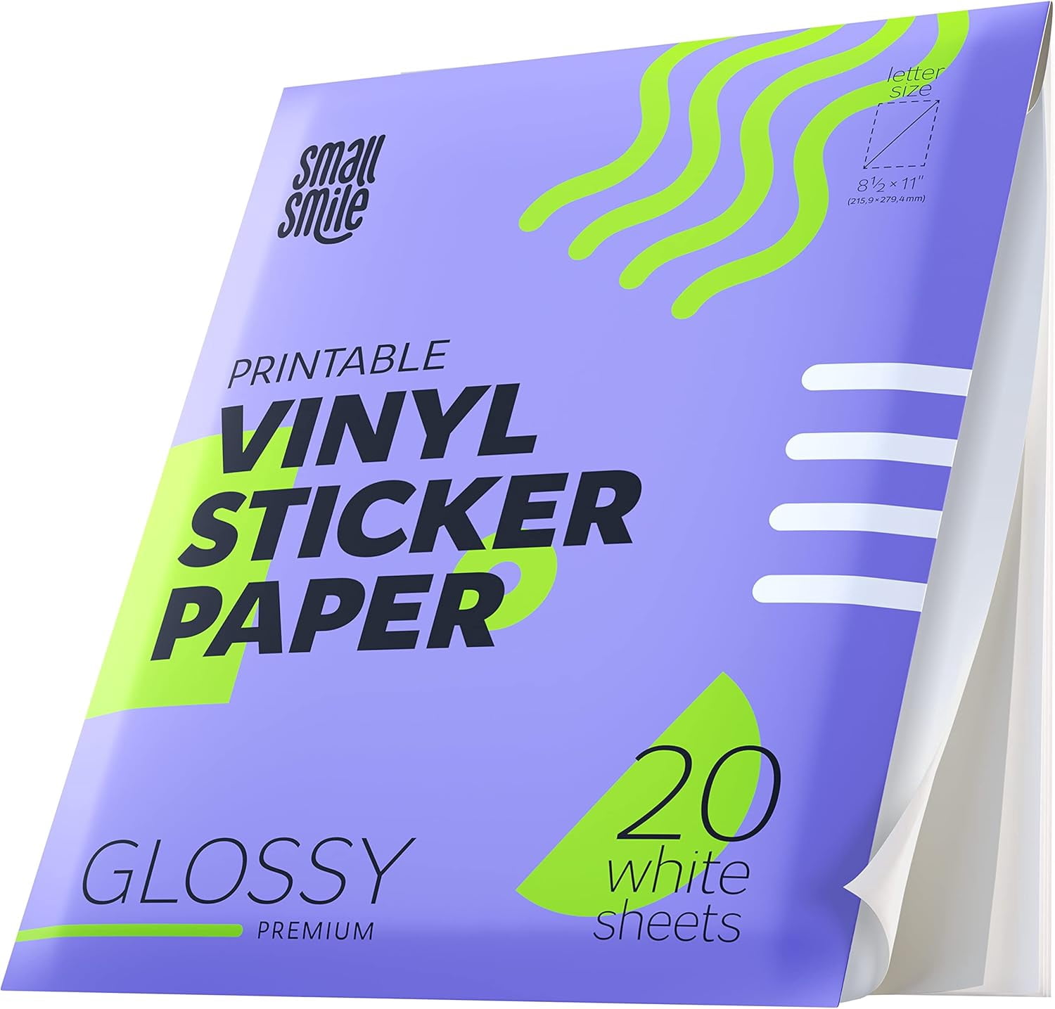 20 Sheets 8.5×11 Glossy Printable Vinyl Sticker Paper, Waterproof Fast Dry Adhesive Paper for Inkjet & Laser Printers, Compatible with Cutting Machines