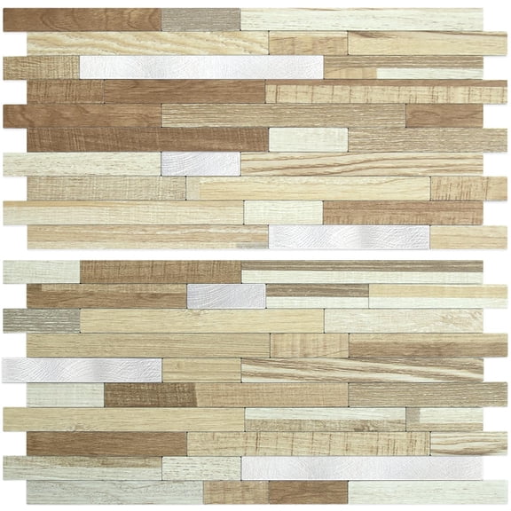 20 Sheets Beige & Brown Wood Peel And Stick Backsplash Pvc Mixed Metal Wall Tile On For Kitchen Bathroom