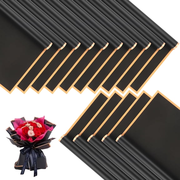 20 Sheets Black Flower Wrapping Paper with Golden Edges, Waterproof Korean Florist Bouquet Packaging for Floral Arrangements and Gift Wrapping