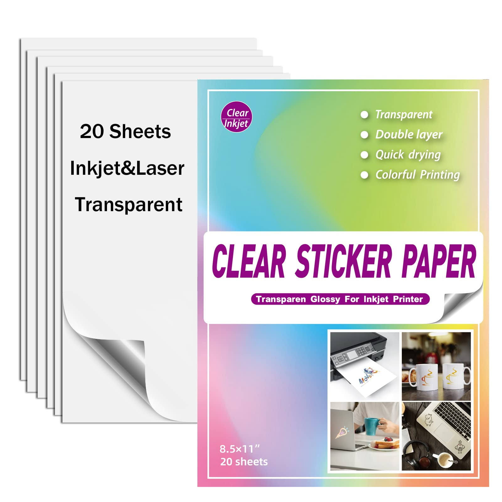 20 Sheets Clear Sticker Paper for Inkjet Printer Glossy Printable