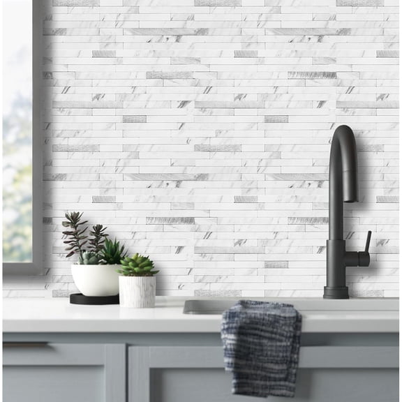 20 Sheets Faux Stone Peel and Stick Backsplash, White Marble Look PVC Wall Tiles Stick on Backsplash for Kitchen