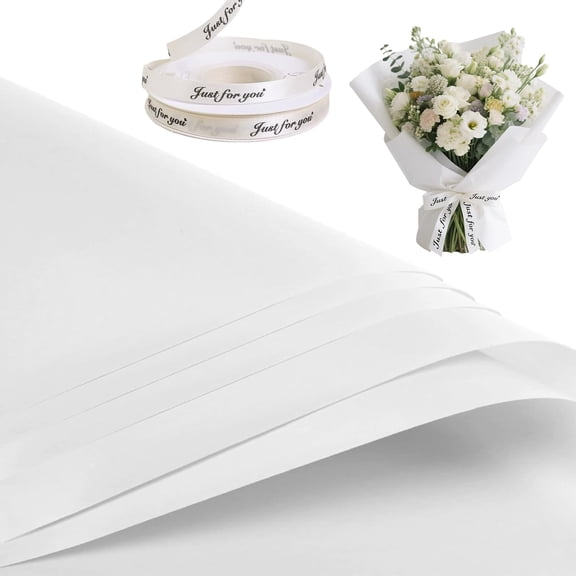 20 Sheets Floral Matte Wrapping Paper Solid Color Flower Wrapping Paper 56cm Plastic Waterproof Wrap Papers With Ribbon For Gift Flower Bouquet Packaging,Wedding,Birthday,Christmas (White)