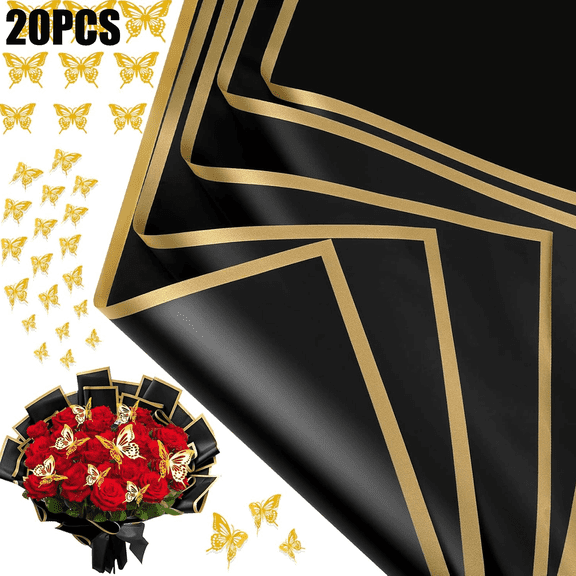 20 Sheets Flower Bouquet Wrapping Paper with 12 Pieces Gold Butterfly Decorations for Flower Bouquets, Waterproof Floral Bouquet Wrapping Paper for Flower, Gift Wrapping(Black)