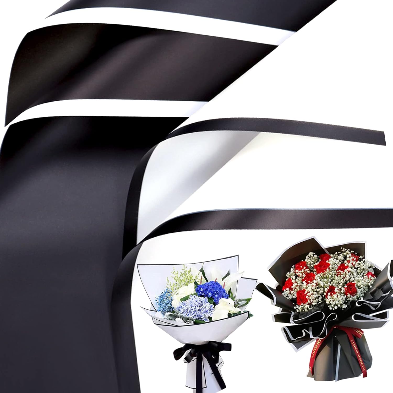 20 Sheets Black and White Floral Wrapping Paper, Waterproof Bouquet ...