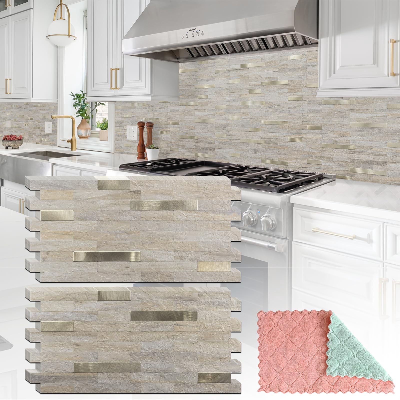20 Sheets Kitchen Peel And Stick Backsplash Tiles  Beige With Metal Look On For Rv Fireplace