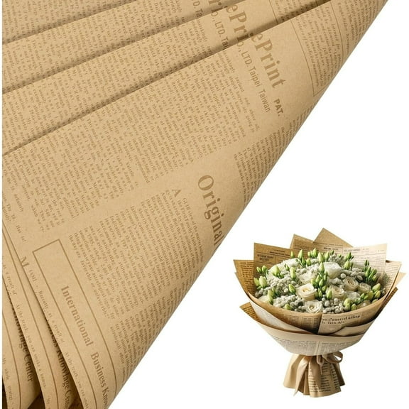 20 Sheets Kraft Newsprint Flower Wrapping Paper -Reversible Floral Bouquet Paper -Black Font Kraft Newsprint Design for Valentine's Day, Mother's Day, Parties, Birthdays, Weddings (Kraft Brown)