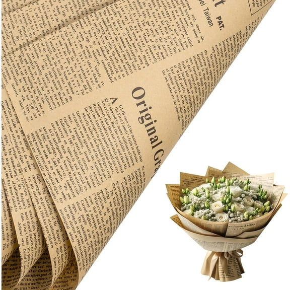 20 Sheets Kraft Newsprint Flower Wrapping Paper -Reversible Floral Bouquet Paper -Black Font Kraft Newsprint Design for Valentine's Day, Mother's Day, Parties, Birthdays, Weddings (Kraft Black)