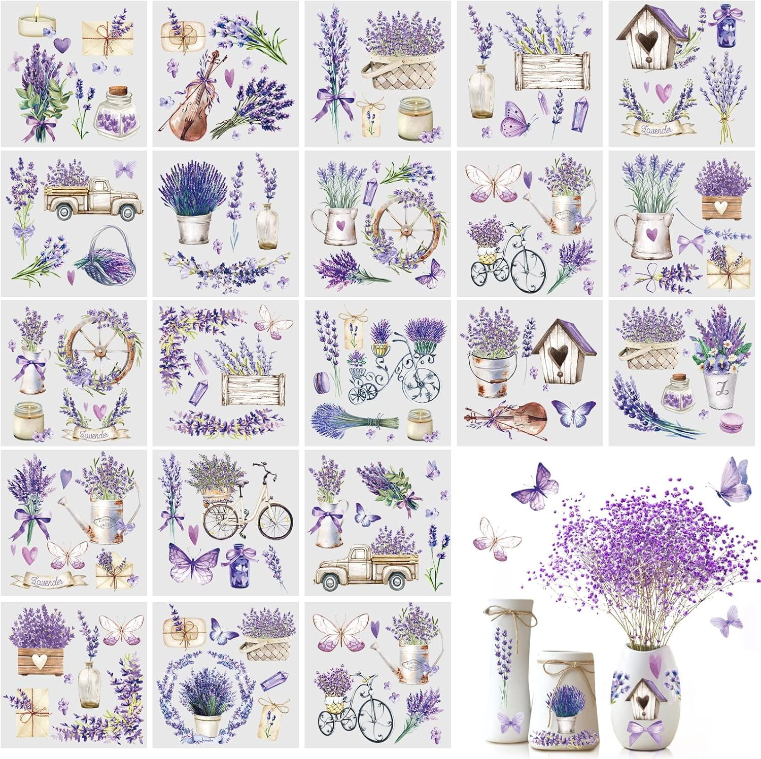 20 Sheets Lavender Rub on Transfers for Crafts and Furniture Purple Floral Rub on Transfers Stickers Vintage Flower Decals for DIY Wood Home Paper Decor, 5.9 x 5.9 Inch