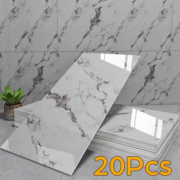 20 Sheets Marble Peel and Stick Wall Panels - 23.6"x11.8" Wipe-Clean XPE Foam for Kitchen & Bathroom Backsplash(White with Black Grout)