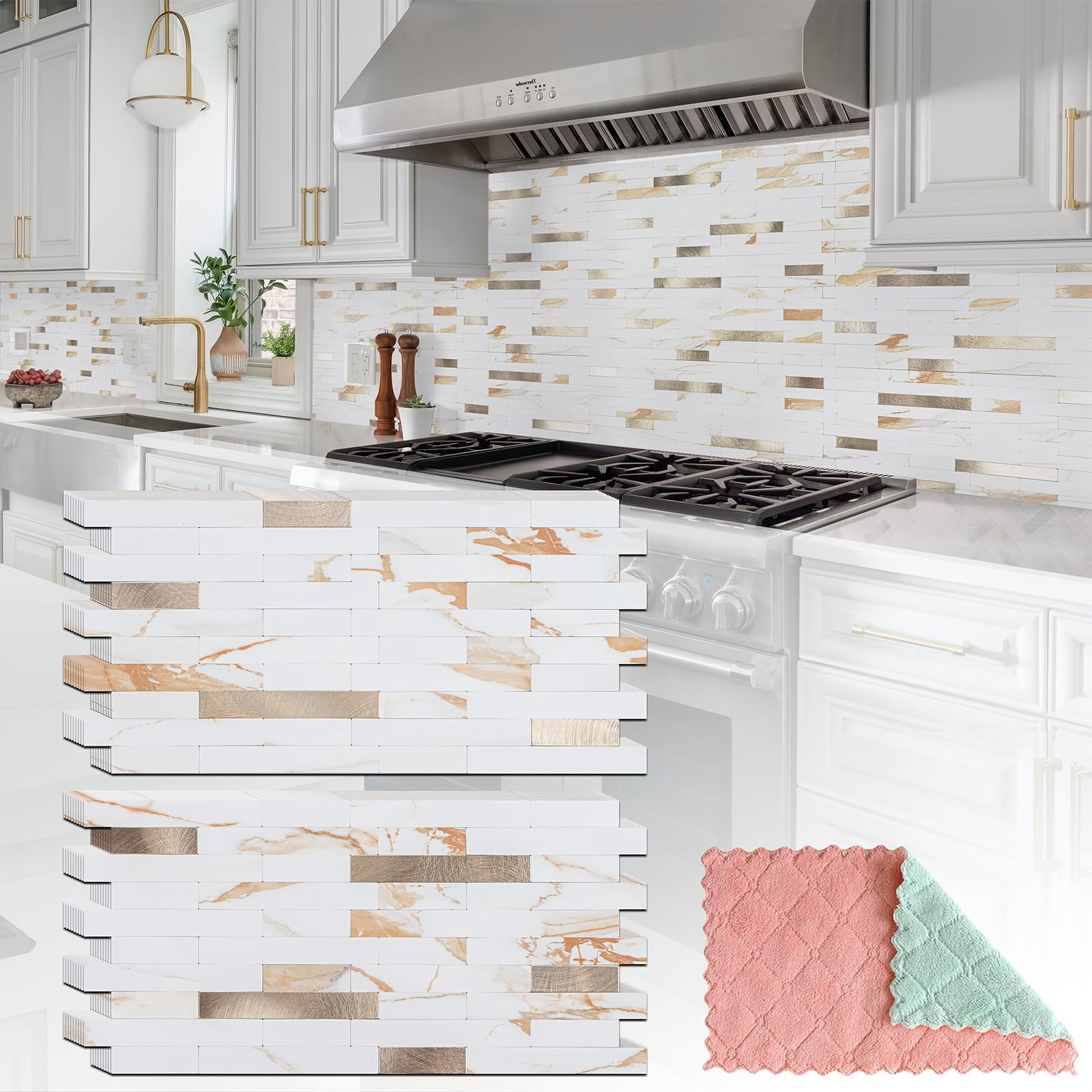20 Sheets Peel And Stick Backsplash For Kitchen  2026 Upgraded Calacatta With Metal Glod Look On Tile Upgrade Your Rv Fireplace