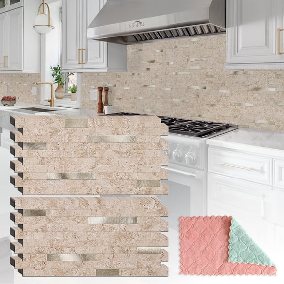 20 Sheets Peel And Stick Backsplash For Kitchen 2026 Upgraded Classic Travertine Beige With Metal Accents On Tile Rv Fireplace