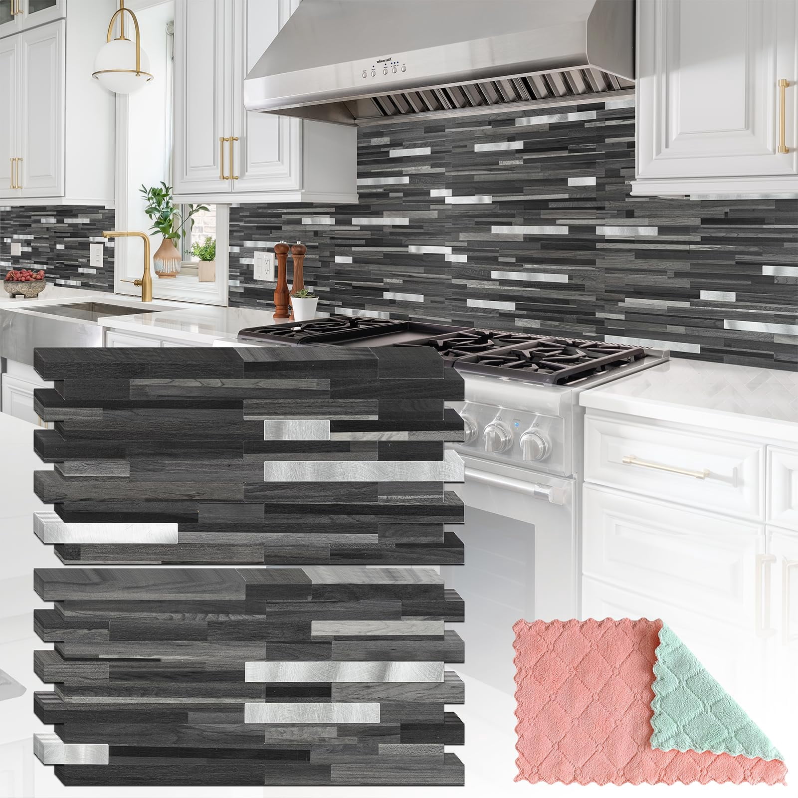 20 Sheets Peel And Stick Tile Backsplash  Black With Metal Look On Upgrade Your Kitchen Rv Fireplace