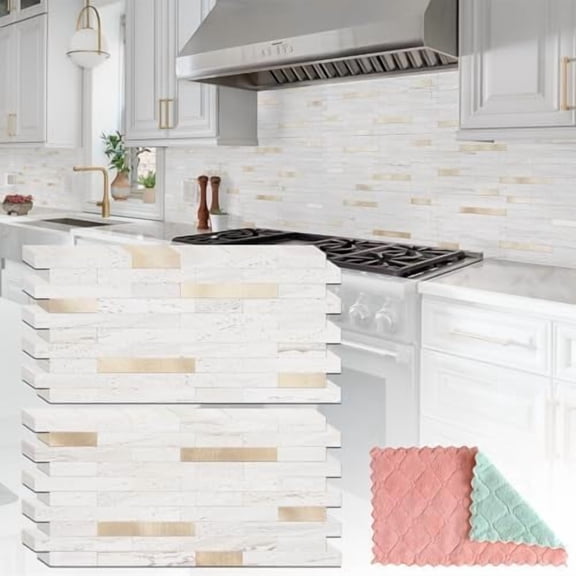 20 Sheets Peel and Stick Backsplash for Kitchen, Pearl White Sandstone with Metal Gold Look Stick on Tile Upgrade Your Kitchen Backsplash, RV, Fireplace