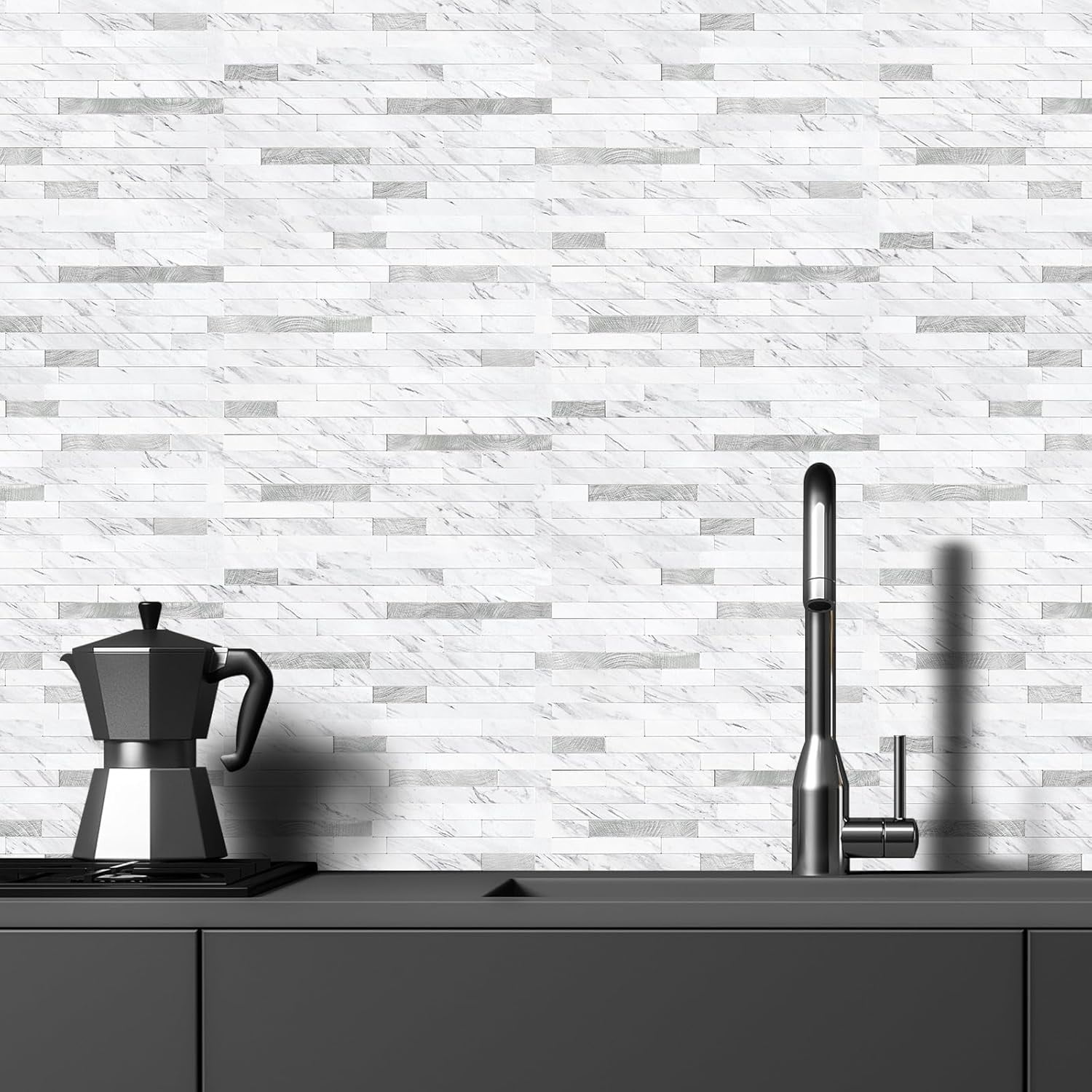 20 Sheets Peel and Stick Backsplash Tile, Stick on Backsplash for Kitchen and Bathroom, White Marble Look PVC Mixed Metal Silver Self Adhesive Wall Tiles