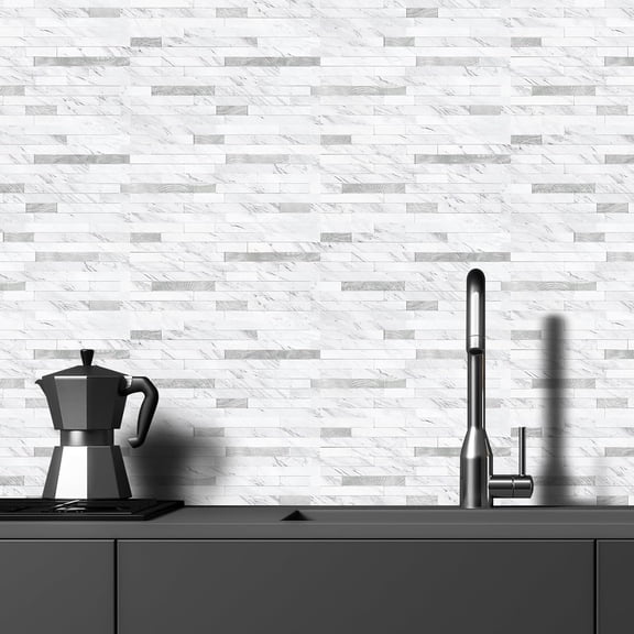 20 Sheets Peel and Stick Backsplash Tile, Stick on Backsplash for Kitchen and Bathroom, White Marble Look PVC Mixed Metal Silver Self Adhesive Wall Tiles