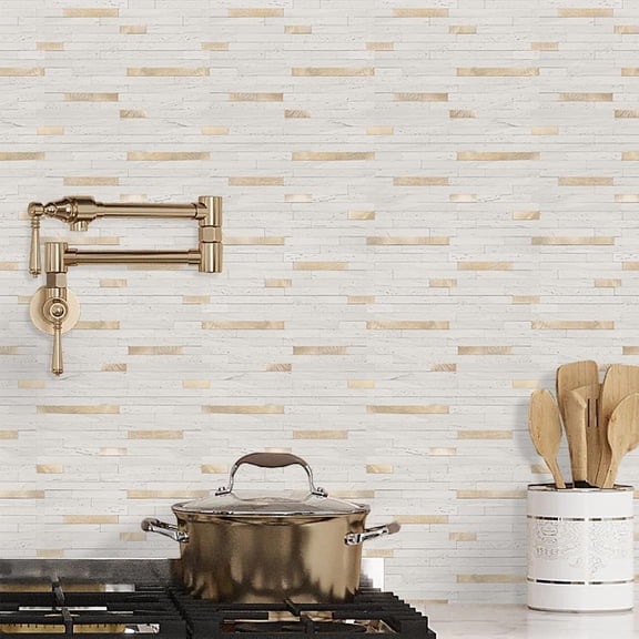 20 Sheets Peel and Stick Backsplash Tile, Stick on Backsplash for Kitchen and Bathroom, White Sandstone Look PVC Mixed Metal Gold Self Adhesive Wall Tiles