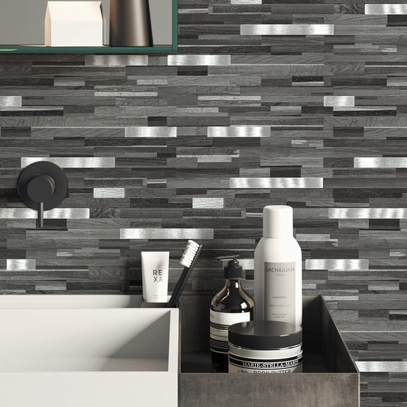 20 Sheets Peel and Stick Backsplash, Black Grey Wood Look PVC Mixed Metal Stick on Backsplash Tiles for Kitchen