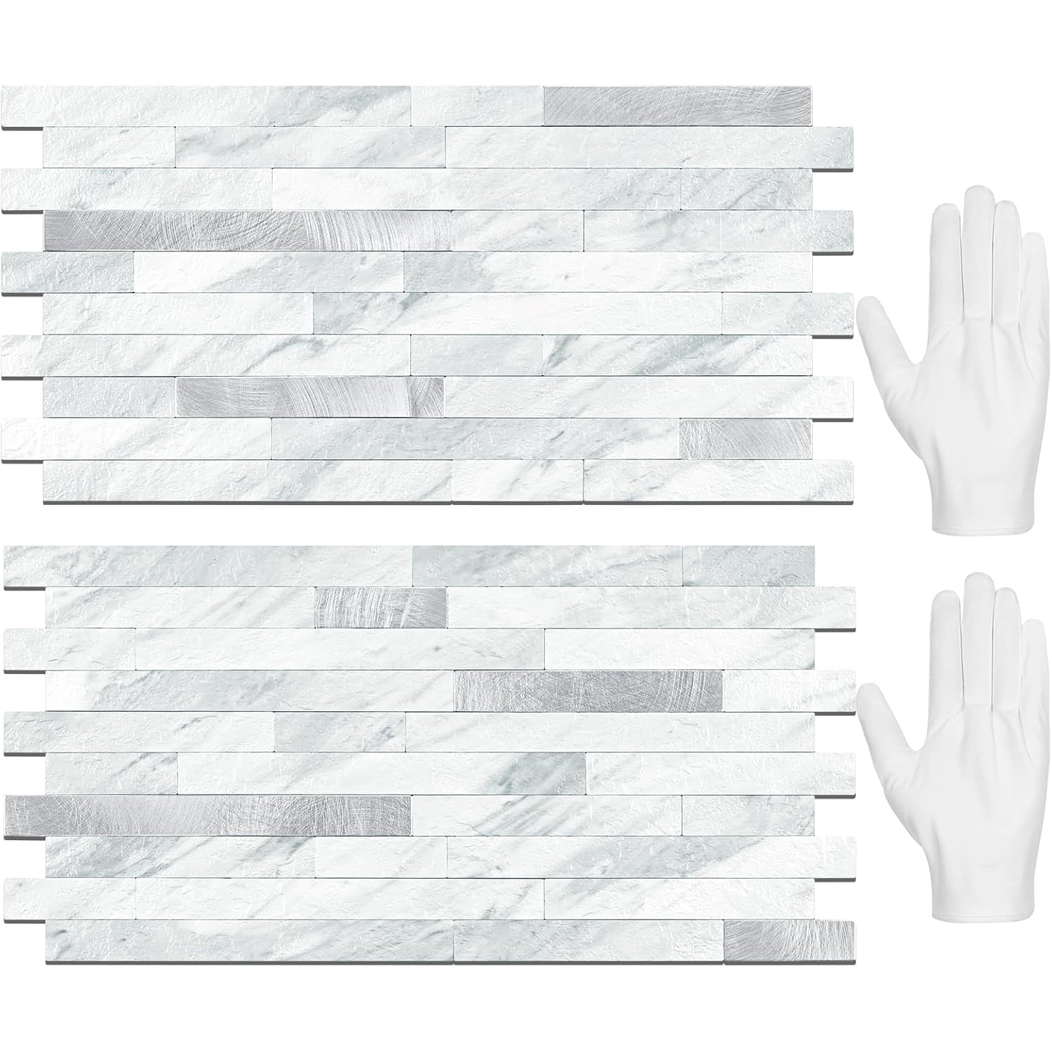 20 Sheets Peel and Stick Backsplash Tile, Stick on Backsplash for Kitchen and Bathroom, White Look PVC Mixed Metal Silver Self Adhesive Wall Tiles