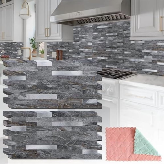 20 Sheets Peel and Stick Backsplash for Kitchen, Gray-Gold Stone with Metal Silver Look Stick on Tile Upgrade Your Kitchen Backsplash, RV, Fireplace