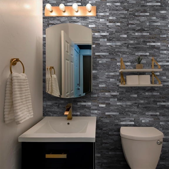 20 Sheets Peel and Stick Backsplash for Kitchen, Gray-Gold Stone with Metal Silver Look Stick on Tile Upgrade Your Kitchen Backsplash, RV, Fireplace