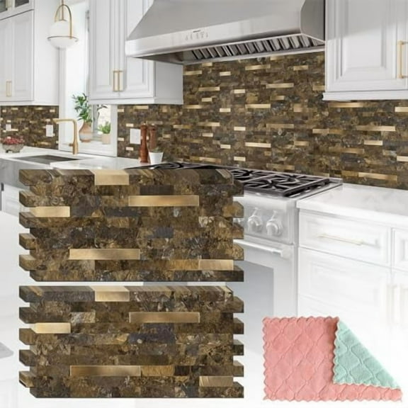 20 Sheets Peel and Stick Backsplash for Kitchen, Rust Slate with Metal Gold Look Stick on Tile Upgrade Your Kitchen Backsplash, RV, Fireplace