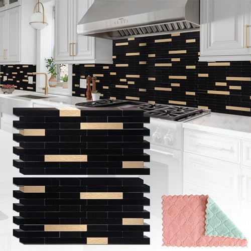 20 Sheets Peel and Stick Tile Backsplash, Black with Metal Gold Look Stick on Tile Upgrade Your Kitchen Backsplash, RV, Fireplace