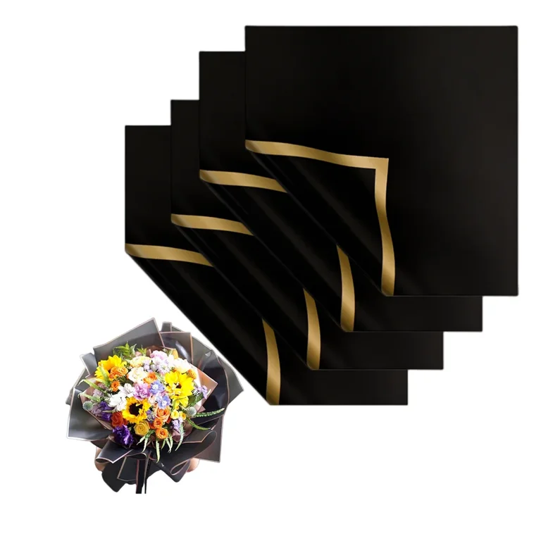 Gold Edge Flower Wrapping Paper Waterproof for Florist Bouquet Supplies, DIY Crafts, Gift Box Packaging | Harfington, Black,Gold