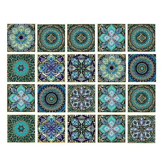 WEXIA 20 Sheets Tile Stickers 6x6in Green Mandala Tiles Decals Self-adhesive Waterproof Removable Vinyl Peel and Stick for Kitchen Bathroom Wall Decor