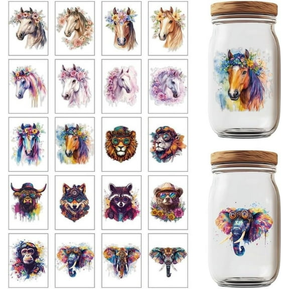 20 Sheets Transfers Stickers Waterproof Rub on Transfers Animals Themed Cup Wraps Decal for Glass Cups DIY Crafts Furniture Decorations