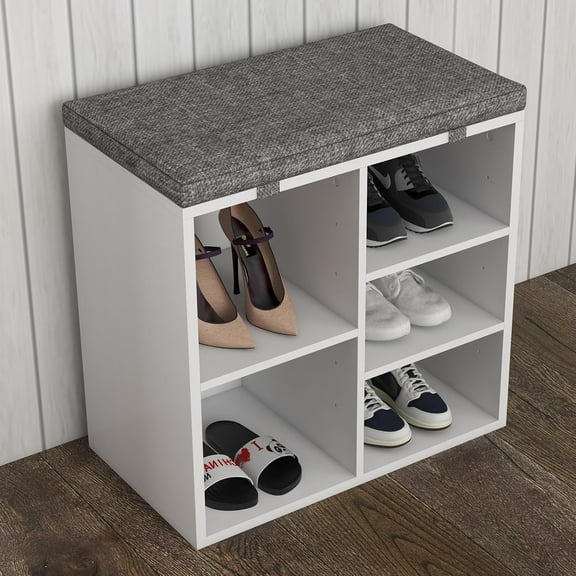 20" Shoe Bench, Storage Bench with Cushion, Entryway Bench with 5 Cubbies, Cubby Shoe Rack Multifunctional Shoe Organizer Bench for Entryway, Mudroom, Hallway, White