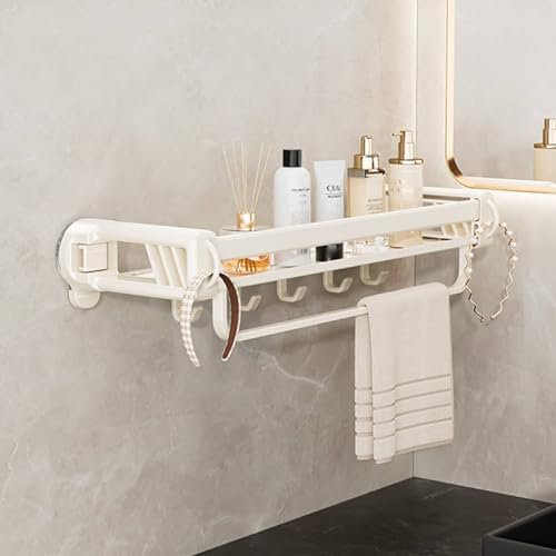 20" Shower Caddy Suction Cup, Concealed Shower Shelves Suction Cup with Hooks & Towel Bar, NO-Drilling Suction Shelf for Bathroom & Kitchen - White$$Home Decor, Kitchen, & Other