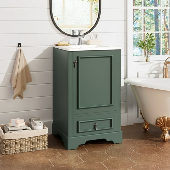 20" Single Bathroom Vanity Cabinet with Ceramic Sink Top, Adjustable Shelf & Divided Drawer, Green