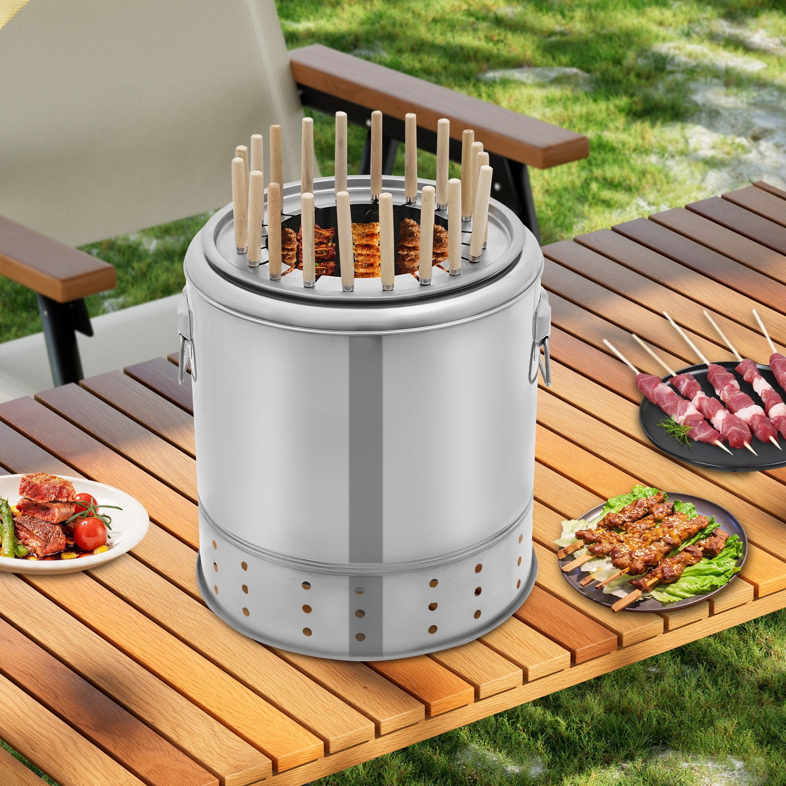 20 Skewers 201 Stainless Steel Charcoal Barrel BBQ Grill, BBQ Hanging Stove Camping Barbecue Rack for Vegetables and Meat Carbon Barbecue
