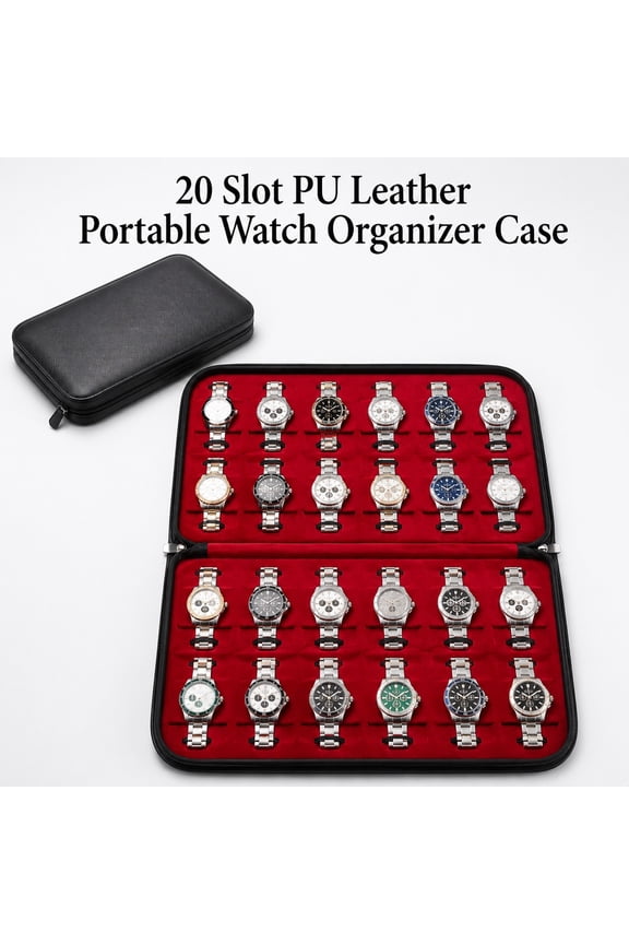 20 Slot PU Leather Watch Organizer Case Portable Watch Display Box with Red Interior Travel Storage Case for Men Women Daily Use Home Display and Fathers Day Gift Jewelry Watch Collection Storage