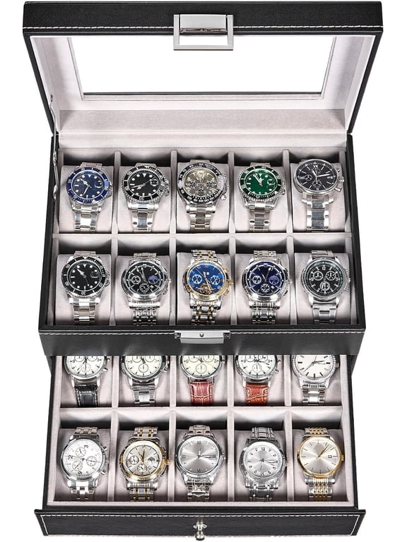 20-Slot Watch Box Organizer, 2-Layer Watch Display Case with Lock, PU Leather Watch Storage Holder for Men Women, Compact Watch Collection Box for Home, Office, Gift Giving