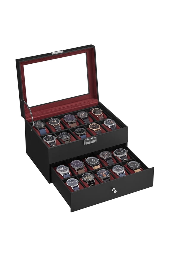 20-Slot Watch Box, Watch Case with Glass Lid, 2 Layers, Lockable Watch Display Case, Black and Red