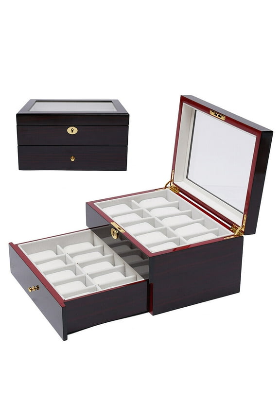 20 Slot Wood Watch Box Display Case Glass Top Jewelry Storage Organizer Box+Lock
